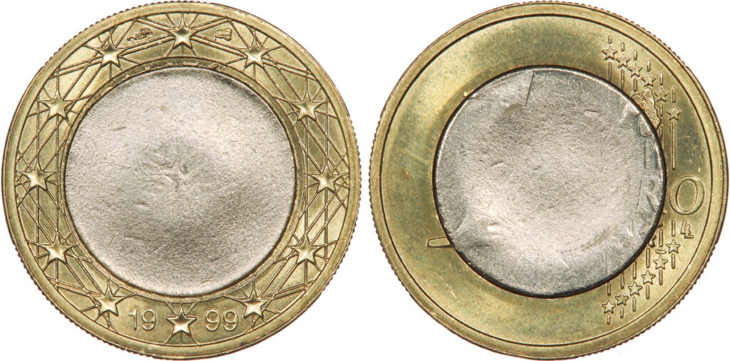 1 euro 1999 fautée, insert séparé avant frappe