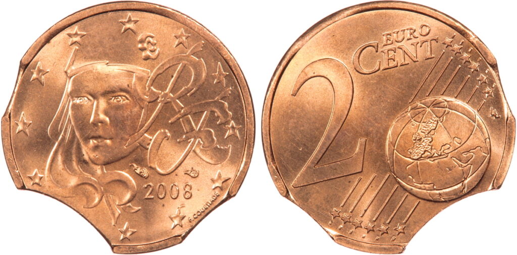 2 centimes euro 2008 fautée, flan triple découpe