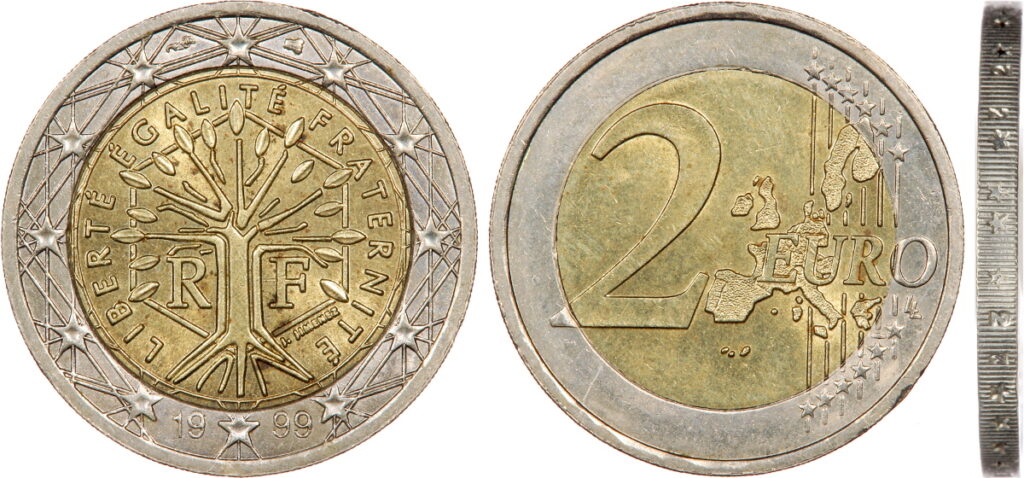 2 euros 1999 fautée, tranche double inscription