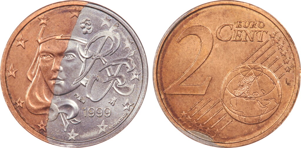 2 centimes euro 1999 fautée, cuivrage partielle