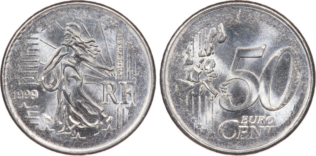 50 centimes euro 1999 fautée, flan de 1 franc