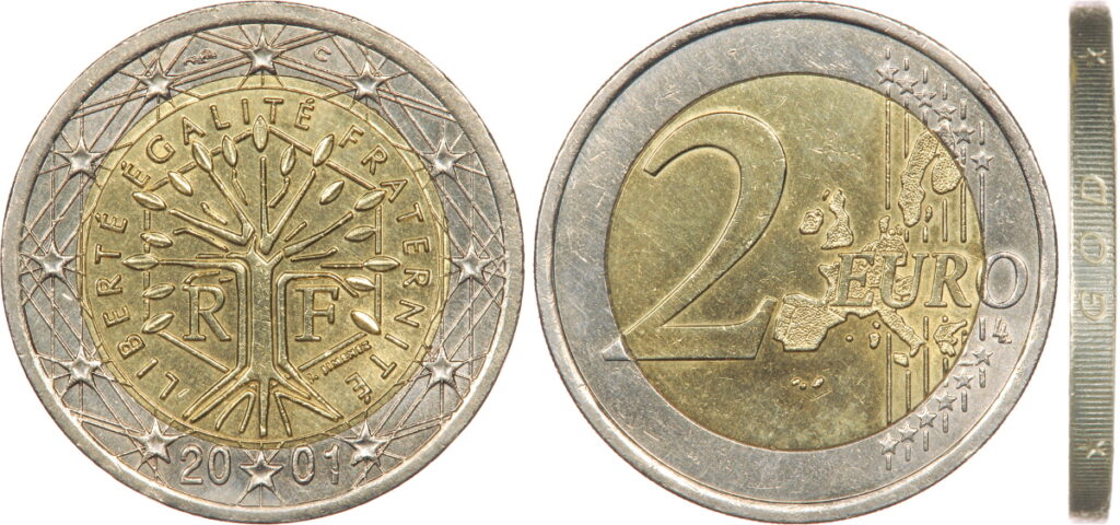 2 euros 2001 fautée, flan Pays-Bas tranche GOD ZIJ MET ONS