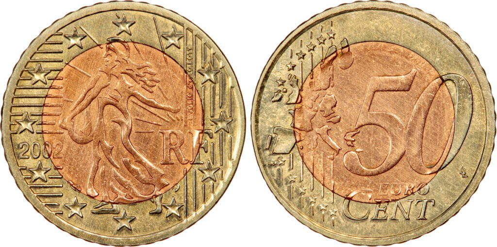 50 centimes euro 2002 fautée, flan 1 centime / couronne 1 euro