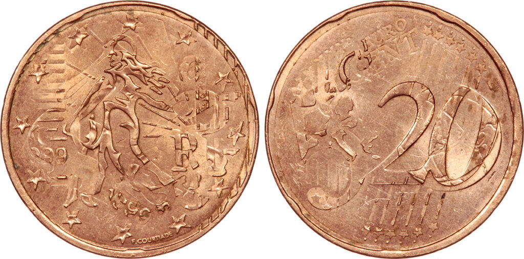 20 centimes euro 1999 fautée, frappe sur 5 centimes 1999