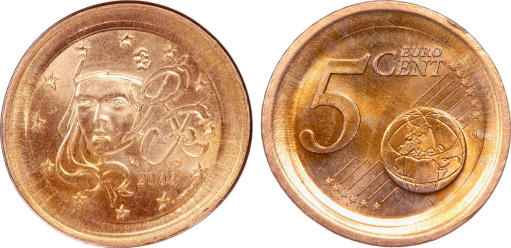 5 centimes euro 2008 fautée, frappe hors virole