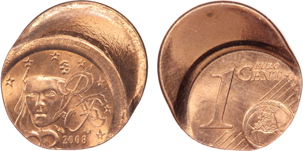 1 centime euro 2008 fautée, frappe décentrée