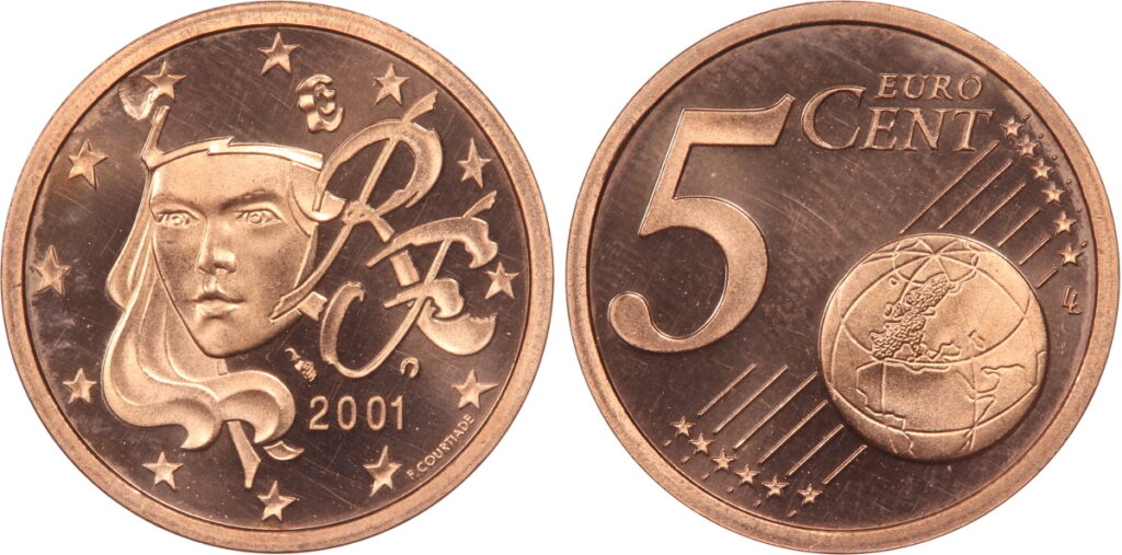 5 centimes euro 2001 BE fautée, frappe à travers une impureté