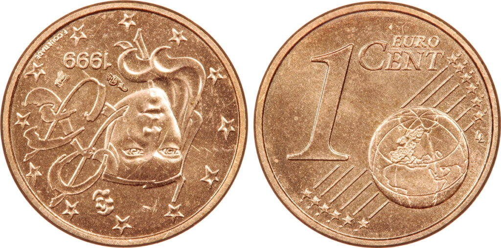 1 centime euro 1999 fautée, frappe monnaie