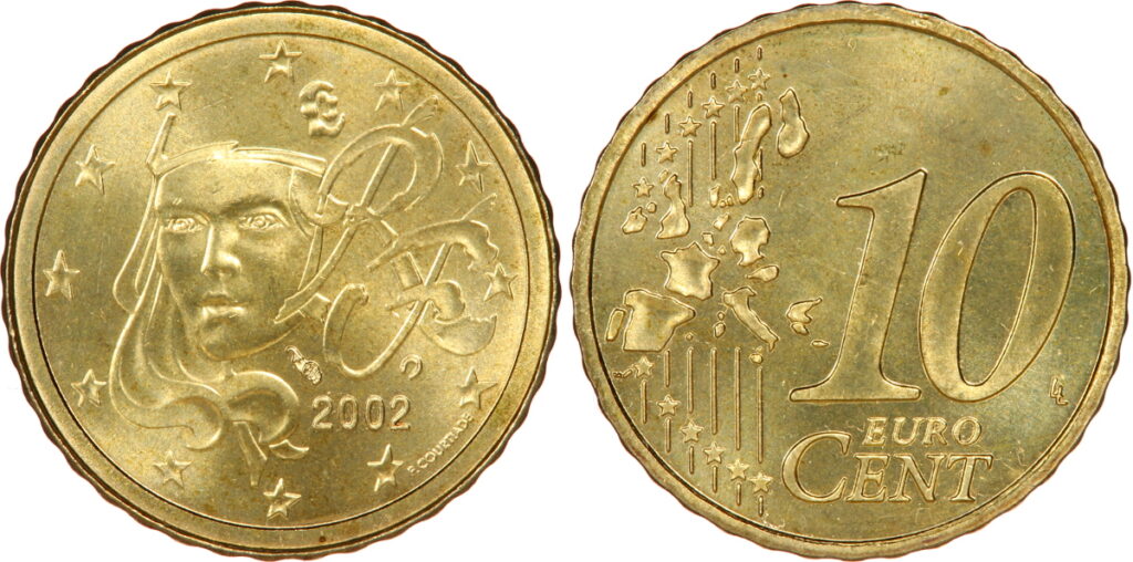 10 centimes euro 2002 fautée, hybride avers 2 centimes