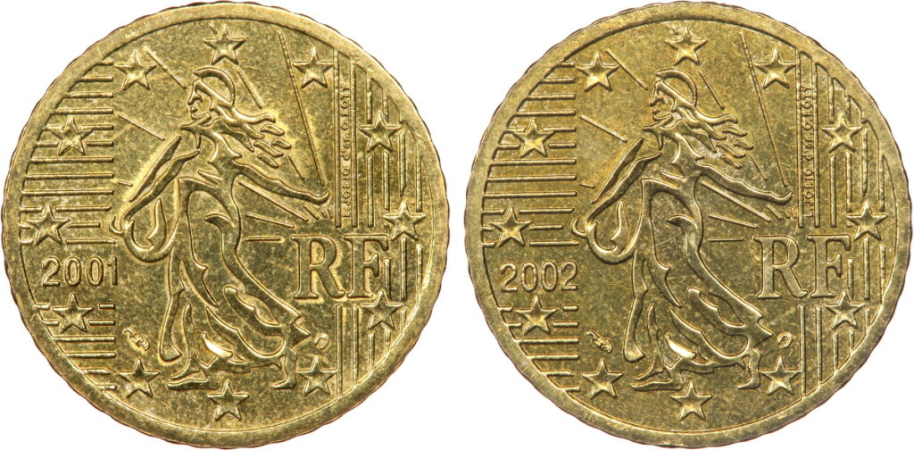 50 centimes euro 2001/2002, hybride double avers
