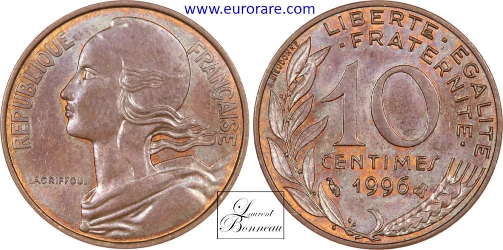 10 centimes Lagriffoul 1996 essai, flan acier cuivré