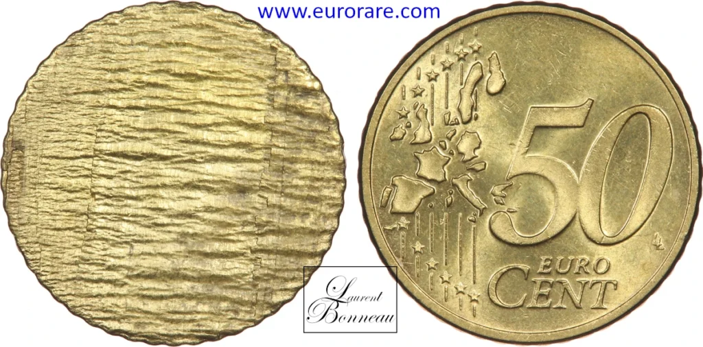50 centimes euro fautée, flan séparé après frappe
