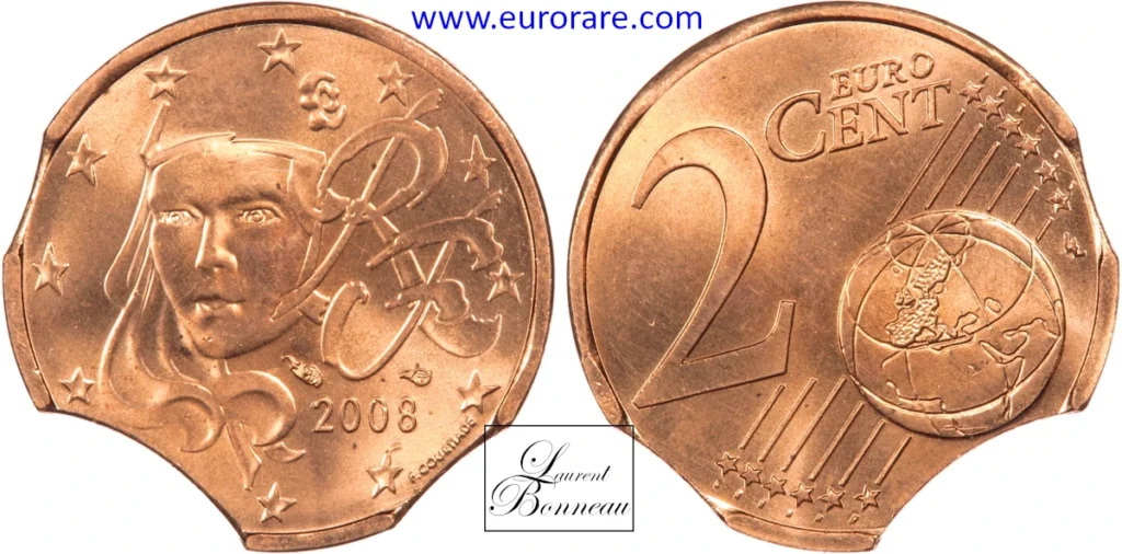 2 centimes euro 2008 fautée, flan triple découpe