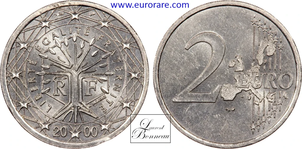 2 euros 2000 fautée, flan monométallique