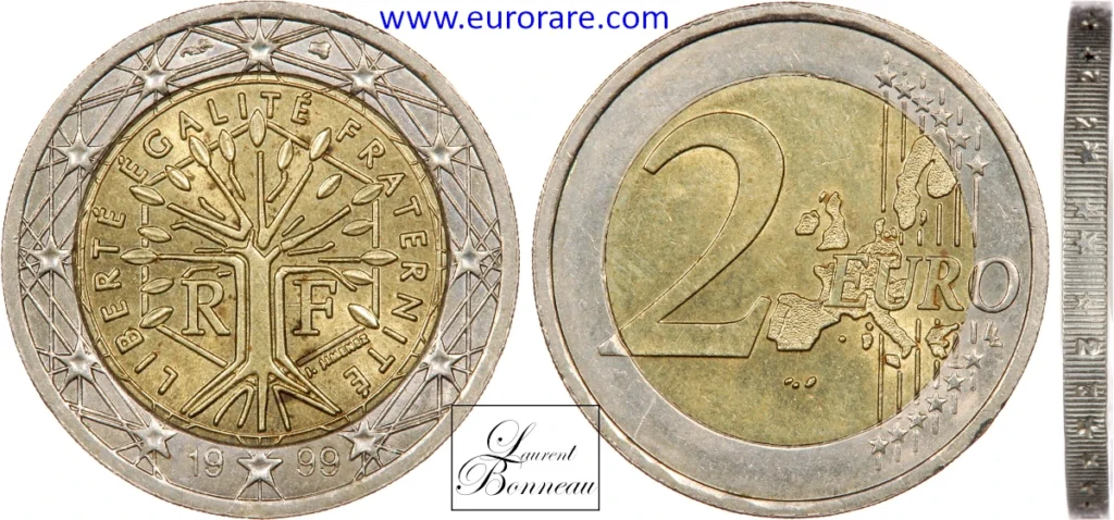 2 euros 1999 fautée, tranche double inscription