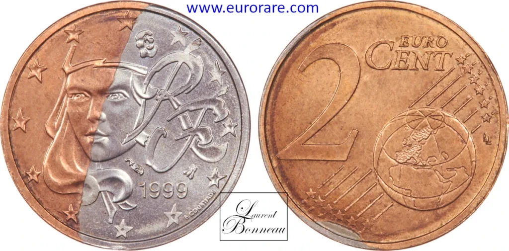 2 centimes euro 1999 fautée, cuivrage partielle