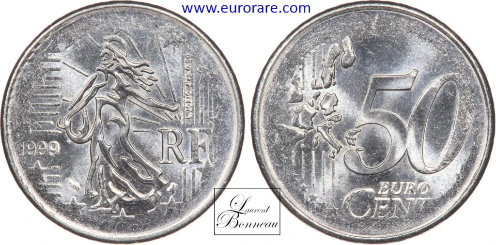 50 centimes euro 1999 fautée, flan de 1 franc