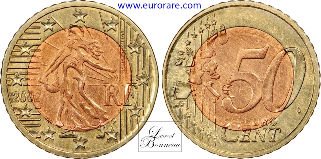 50 centimes euro 2002 fautée, flan 1 centime / couronne 1 euro