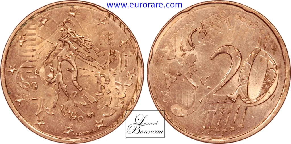 20 centimes euro 1999 fautée, frappe sur 5 centimes 1999