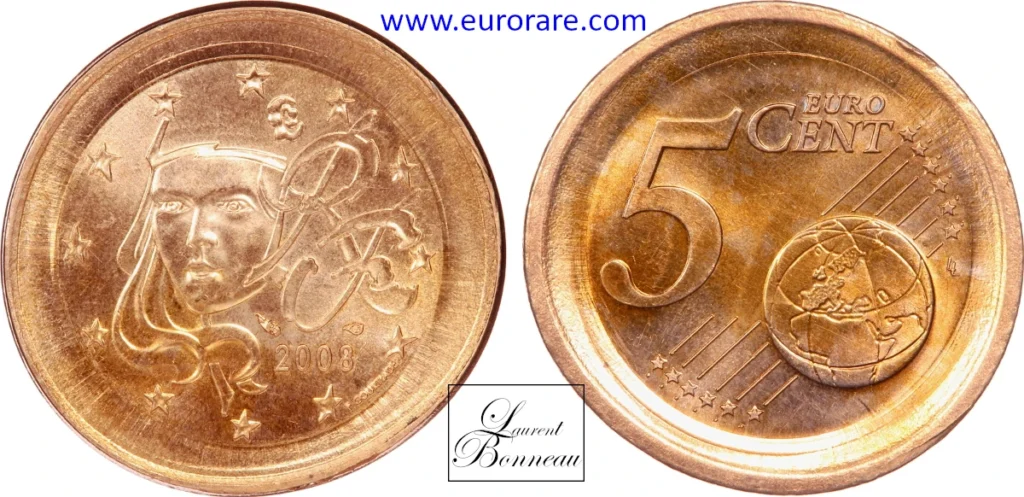 5 centimes euro 2008 fautée, frappe hors virole