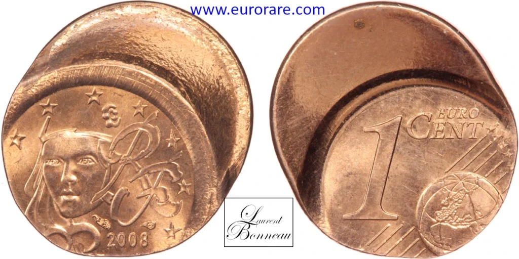 1 centime euro 2008 fautée, frappe décentrée