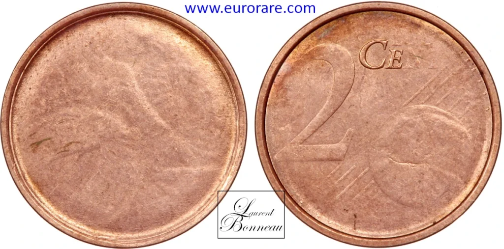 2 centimes euro fautée, frappe à travers de la graisse