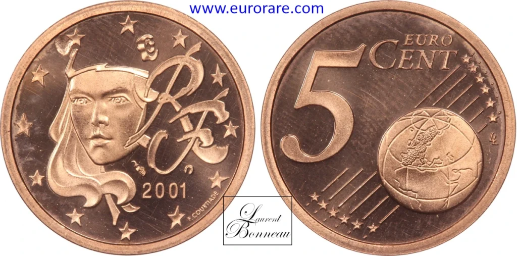 5 centimes euro 2001 BE fautée, frappe à travers une impureté