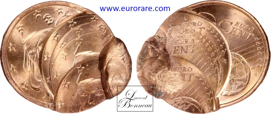 2 centimes euro fautée, quintuple frappe et flan interposé