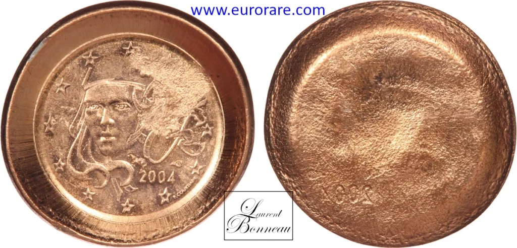 1 centime euro 2004 fautée, frappe incuse hors virole