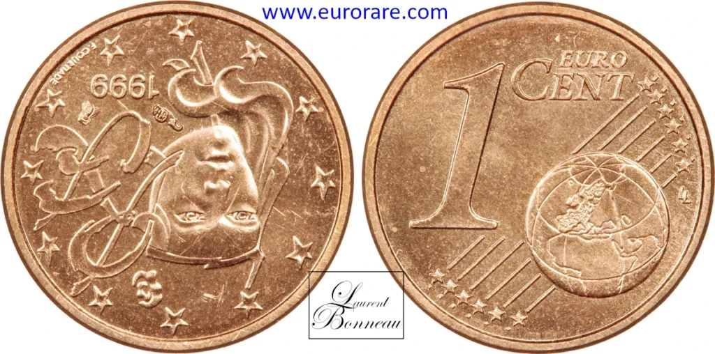 1 centime euro 1999 fautée, frappe monnaie