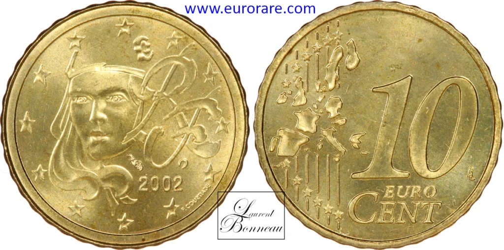 10 centimes euro 2002 fautée, hybride avers 2 centimes
